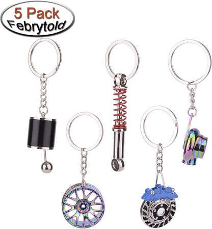 5 Pcs Car Parts Model Key Chains, Colorful Turbo Keychain, Black Manual Gearbox Keychain, Colorful Tire Rim Key Chain, Blue Brake Rotor Key Chain, Red Spring Shock-Absorber Keychains