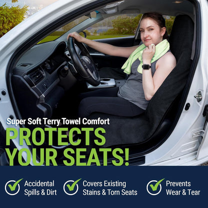 Towel Seat Cover, Waterproof Car Seat Protectors for Gym, Workout & Active Lifestyle, Universal Fit for Car SUV Truck Van, Non-Slip 3 Strap Design, Machine Washable, 2 Pack Black