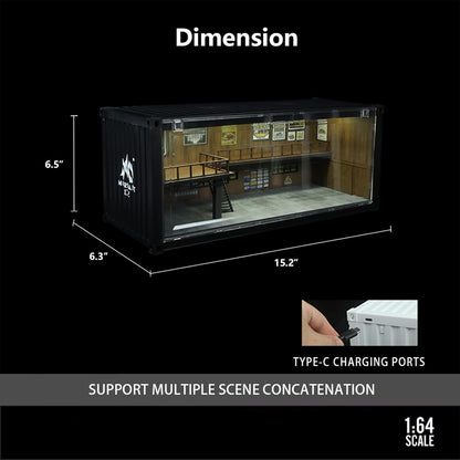 1/64 Scale Display Case with LED Light – Container Box Style Garage Diorama Compatible with Hot Wheels Matchbox Mini GT Diecast Cars, for Model Car Display and Storage Stackable