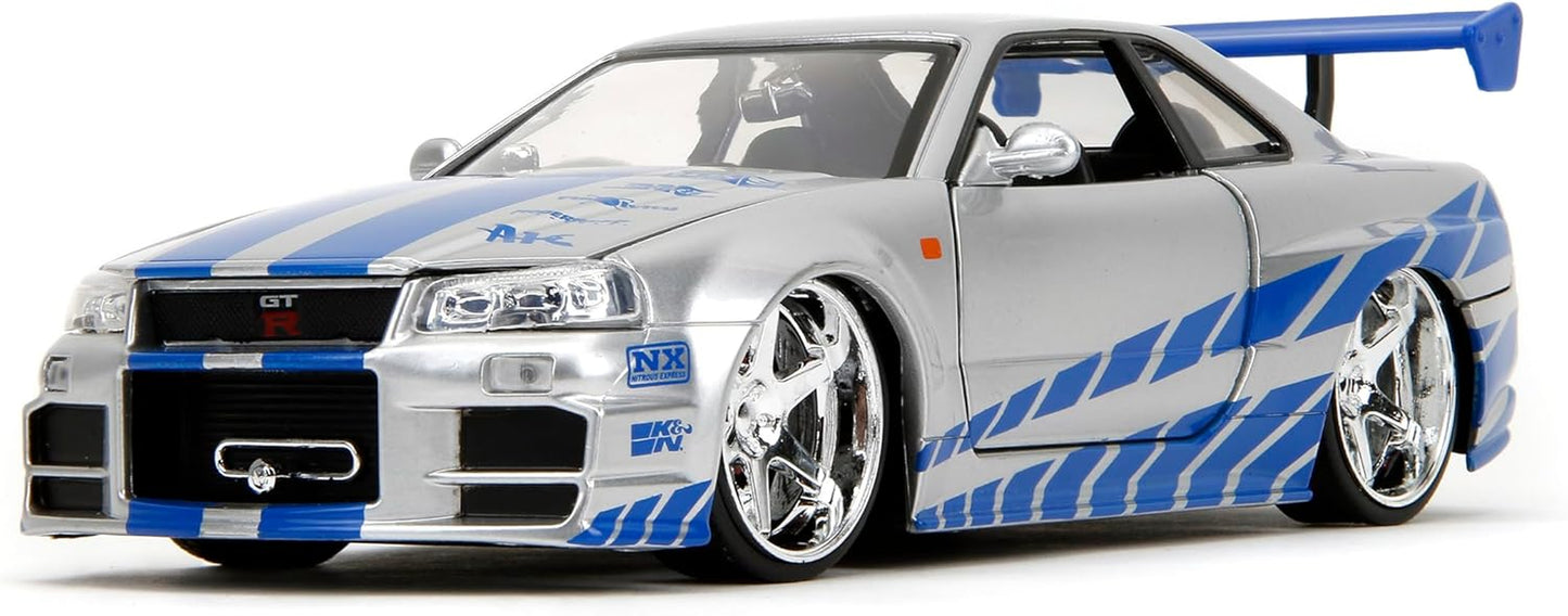 Toys Fast & Furious Brian’S 2002 Nissan Skyline R34 Die-Cast Car, 1:24 Scale, Silver & Blue