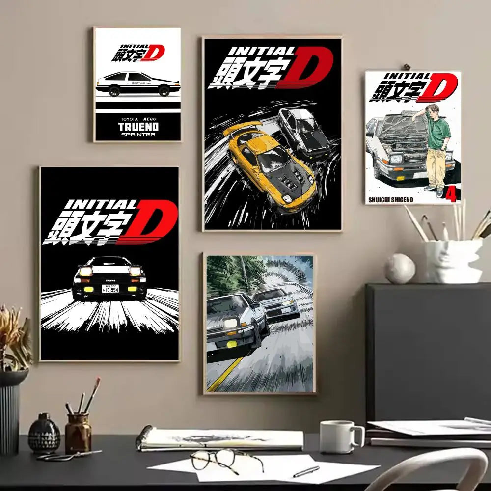 Anime Car I_Initial D Movie Poster Decorative Wall Art Stickers Mural Photo Print for Home Living Room Hallway Decor Gift