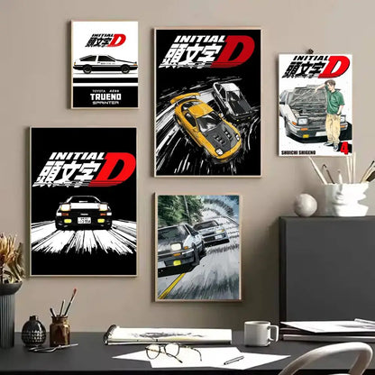 Anime Car I_Initial D Movie Poster Decorative Wall Art Stickers Mural Photo Print for Home Living Room Hallway Decor Gift