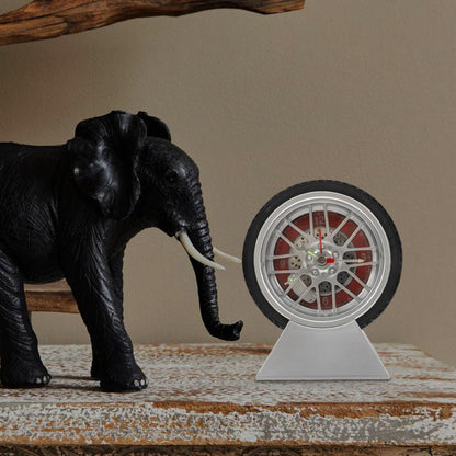 Car Tire Desk Clock with Stand Unique Tire Rim Design Compact 4.52X3.93X2.55In Quartz Movement for Bedroom Living Room Office Decor