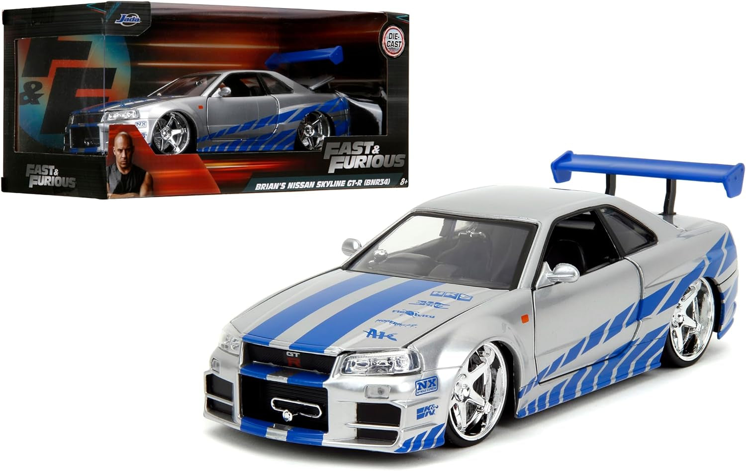 Toys Fast & Furious Brian’S 2002 Nissan Skyline R34 Die-Cast Car, 1:24 Scale, Silver & Blue