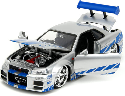 Toys Fast & Furious Brian’S 2002 Nissan Skyline R34 Die-Cast Car, 1:24 Scale, Silver & Blue