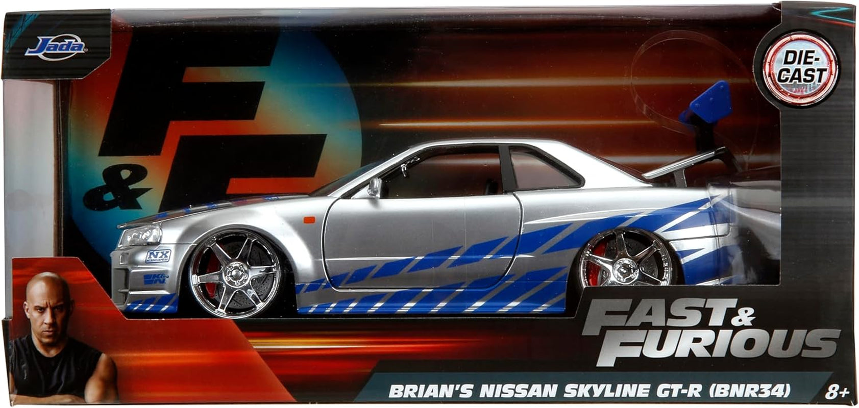 Toys Fast & Furious Brian’S 2002 Nissan Skyline R34 Die-Cast Car, 1:24 Scale, Silver & Blue
