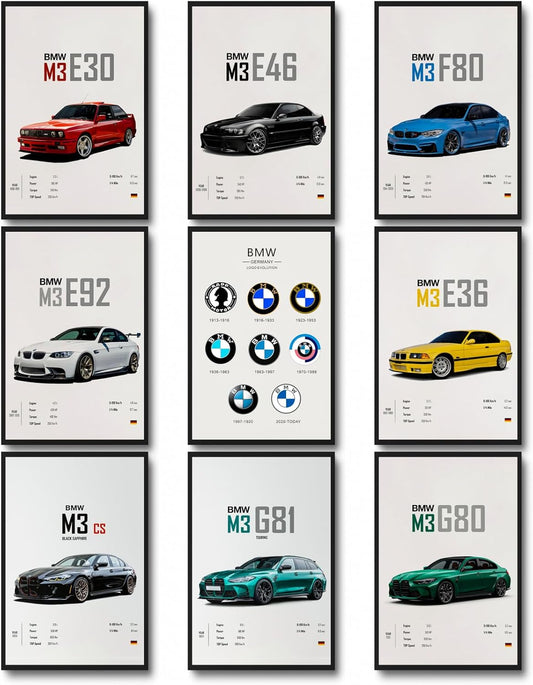 9Pcs Super Car Posters for Boys Room, Racing Car Wall Art for Men Guys, Sports Car Wall Decor, Race Cars Pictures Wall Decor for Bedroom Dorm Man Cave (Unframe,8X12Inch) (R1)
