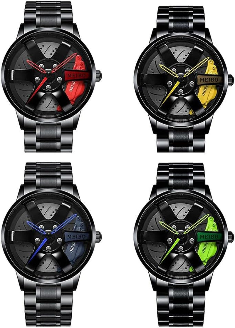Men Waterproof Sports Watch Car Wheel Watches 3D Hollow Wheel Design Stainless Steel Watch(Red)