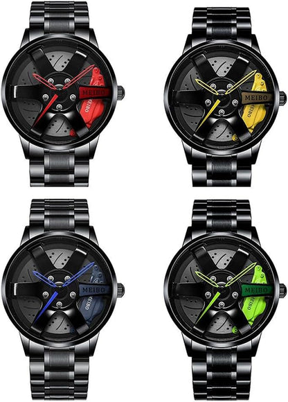 Men Waterproof Sports Watch Car Wheel Watches 3D Hollow Wheel Design Stainless Steel Watch(Red)
