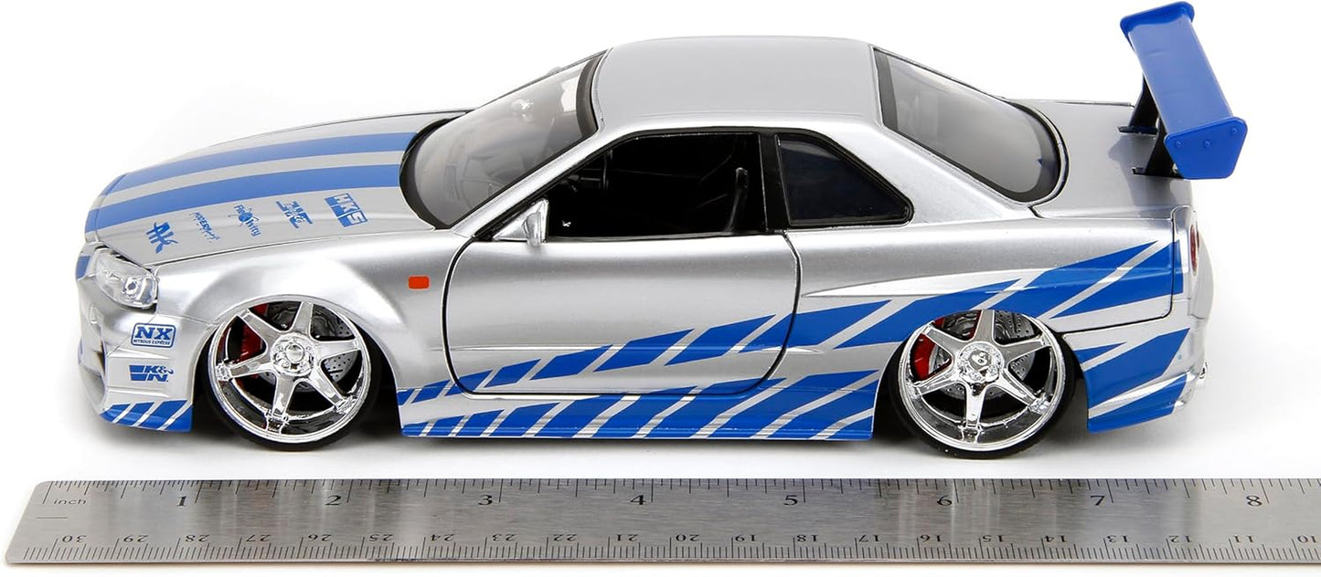 Toys Fast & Furious Brian’S 2002 Nissan Skyline R34 Die-Cast Car, 1:24 Scale, Silver & Blue