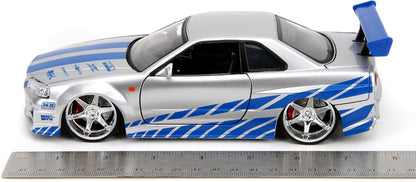 Toys Fast & Furious Brian’S 2002 Nissan Skyline R34 Die-Cast Car, 1:24 Scale, Silver & Blue