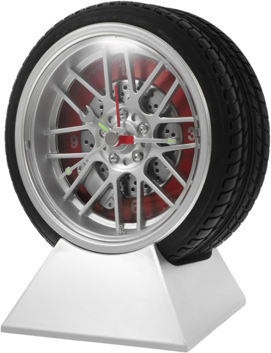 Car Tire Desk Clock with Stand Unique Tire Rim Design Compact 4.52X3.93X2.55In Quartz Movement for Bedroom Living Room Office Decor