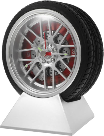 Car Tire Desk Clock with Stand Unique Tire Rim Design Compact 4.52X3.93X2.55In Quartz Movement for Bedroom Living Room Office Decor