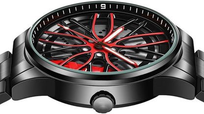 Mens Wrist Watch Creative 3D Spinning Car Wheel Rotating Watches Rim Hub Design Fashion Quartz Stylish Wristwatch with Stainless Steel Strap Gifts for Car Enthusiasts