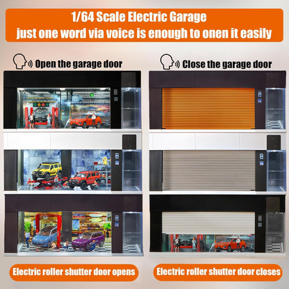 Storage for Hot Wheels 1/64 Scale Toy Car Display Case Stackable Parking Garage with Lights and Electric Voice-Control 3 Replaceable 3D Scene Dioramas (Brown)